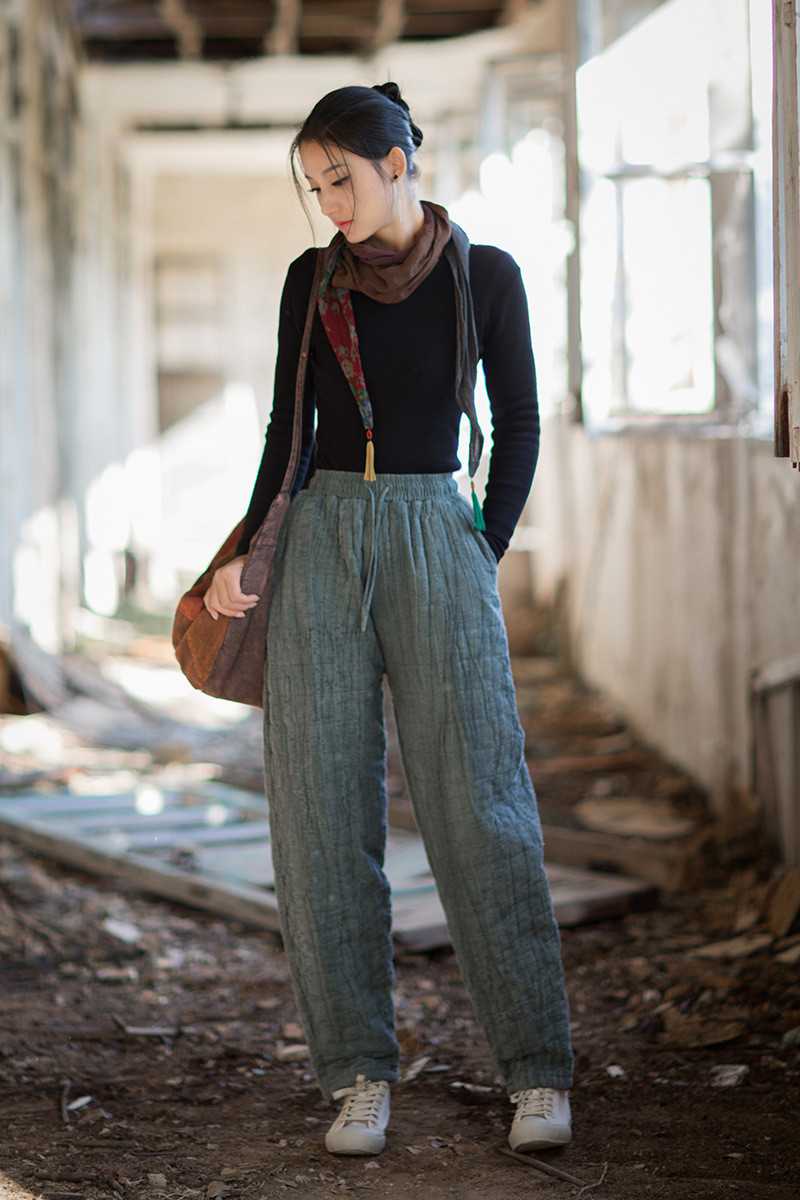 芒麻胚染 ふっくら夹棉方格衍縫 ゆったり暖かロングパンツ｜文芸ナチュラル冬ボトムス BXF3557