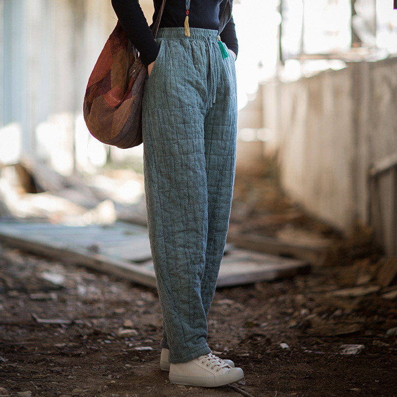芒麻胚染 ふっくら夹棉方格衍縫 ゆったり暖かロングパンツ｜文芸ナチュラル冬ボトムス BXF3557