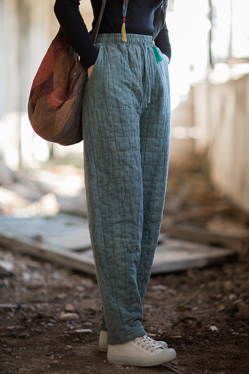 芒麻胚染 ふっくら夹棉方格衍縫 ゆったり暖かロングパンツ｜文芸ナチュラル冬ボトムス BXF3557