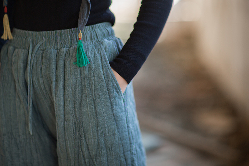 芒麻胚染 ふっくら夹棉方格衍縫 ゆったり暖かロングパンツ｜文芸ナチュラル冬ボトムス BXF3557