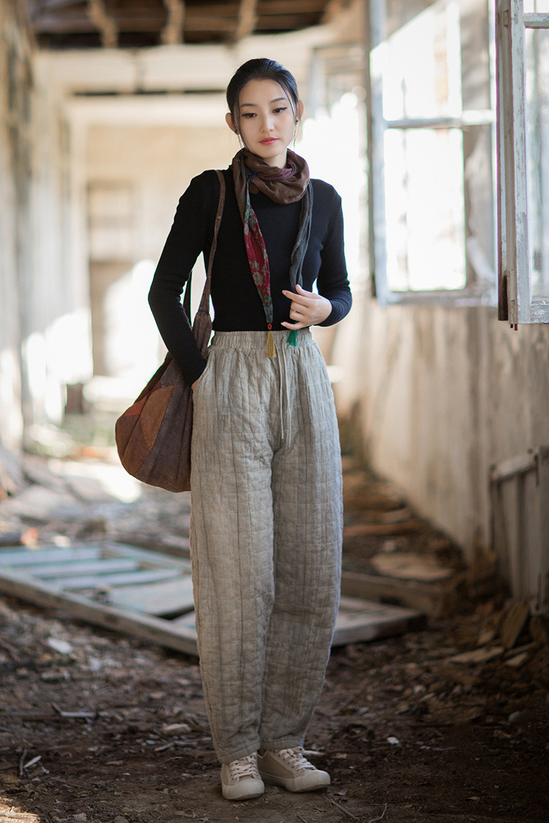 芒麻胚染 ふっくら夹棉方格衍縫 ゆったり暖かロングパンツ｜文芸ナチュラル冬ボトムス BXF3557