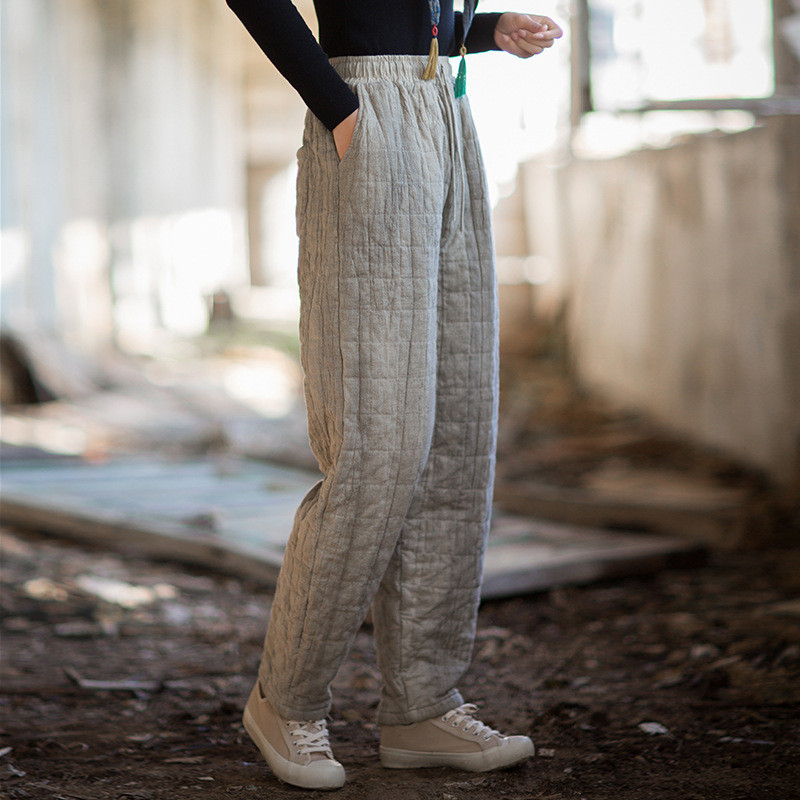 芒麻胚染 ふっくら夹棉方格衍縫 ゆったり暖かロングパンツ｜文芸ナチュラル冬ボトムス BXF3557