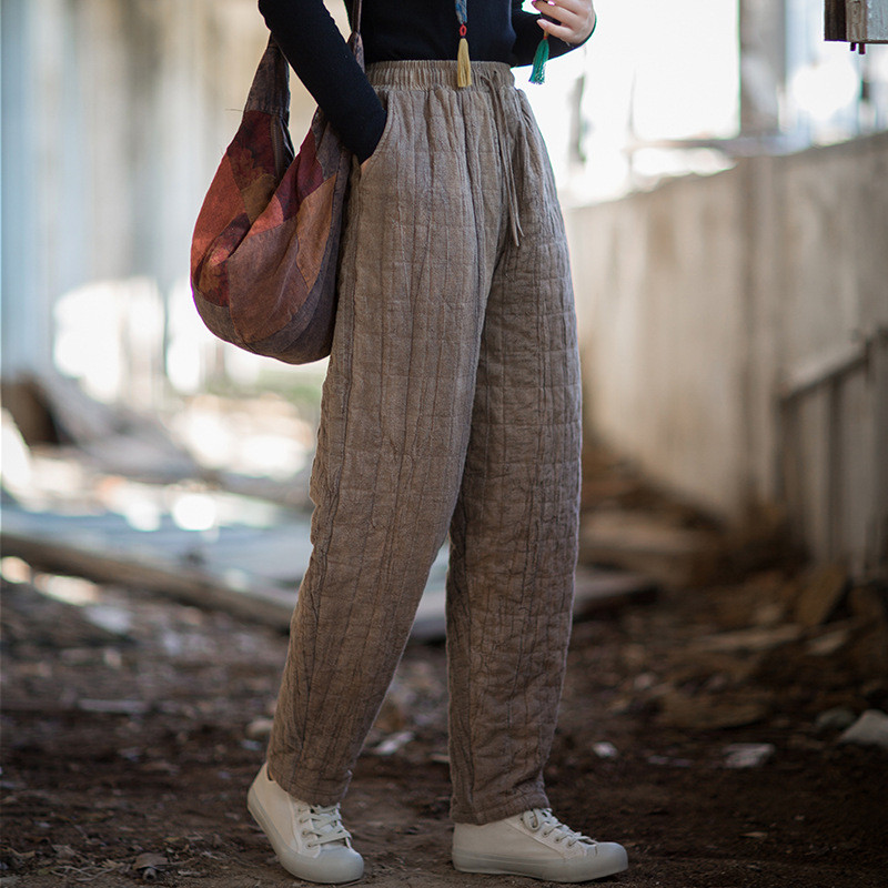 芒麻胚染 ふっくら夹棉方格衍縫 ゆったり暖かロングパンツ｜文芸ナチュラル冬ボトムス BXF3557