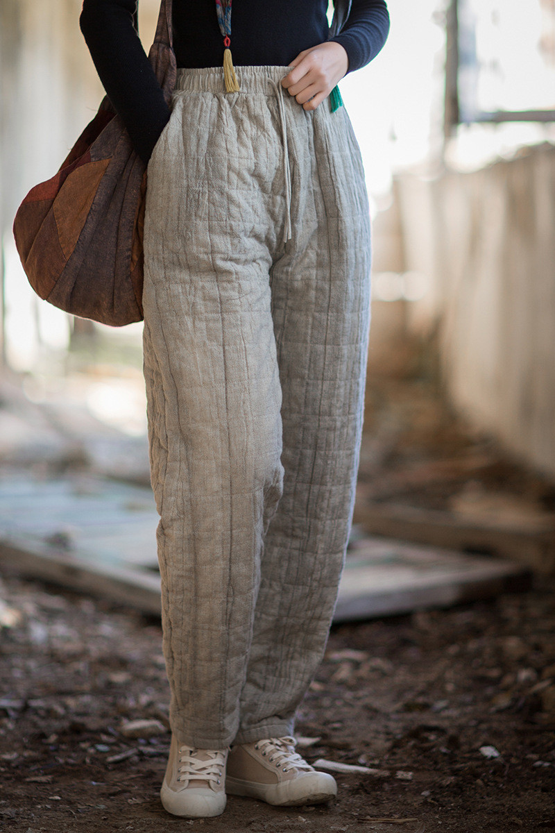 芒麻胚染 ふっくら夹棉方格衍縫 ゆったり暖かロングパンツ｜文芸ナチュラル冬ボトムス BXF3557