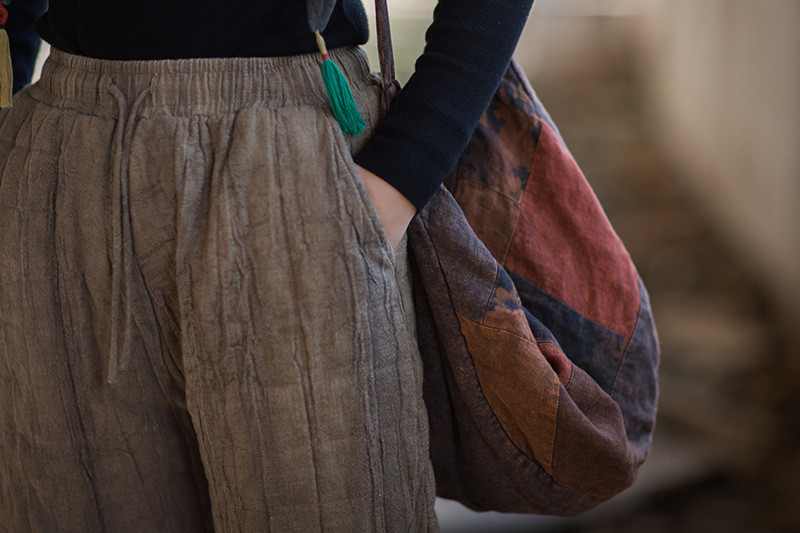 芒麻胚染 ふっくら夹棉方格衍縫 ゆったり暖かロングパンツ｜文芸ナチュラル冬ボトムス BXF3557