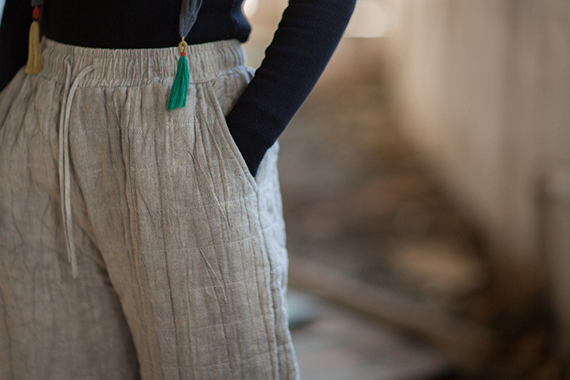 芒麻胚染 ふっくら夹棉方格衍縫 ゆったり暖かロングパンツ｜文芸ナチュラル冬ボトムス BXF3557