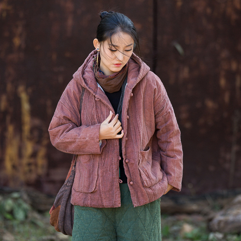 藍麻プラン染め綿入れ盤扣フード付きコート BXF3556