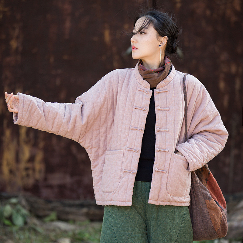 綿麻竪格衍縫コート｜文芸復古 禅意ナチュラルスタイル 立ち襟デザイン BXF3537