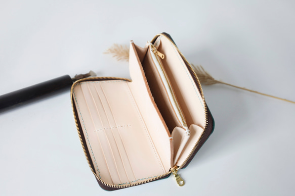 【限定価格】大容量牛革手作りファスナー長財布トラベルケース 女性財布　手染め / 総手縫い 10枚目の画像