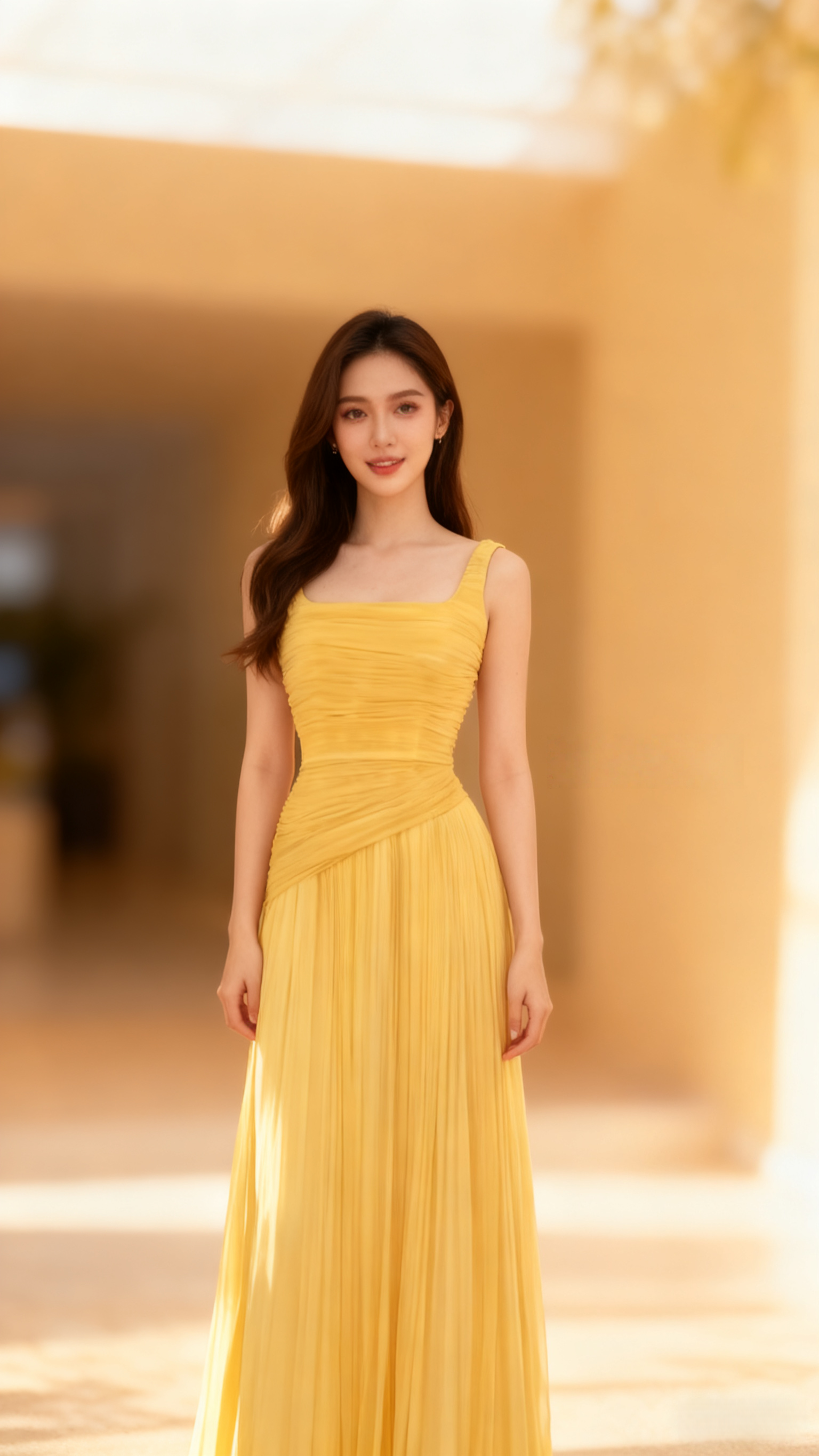 カラードレス イエロー ベアトップ ハンドドレープ ノースリーブ キャミソール 細見えシルエット 謝恩会