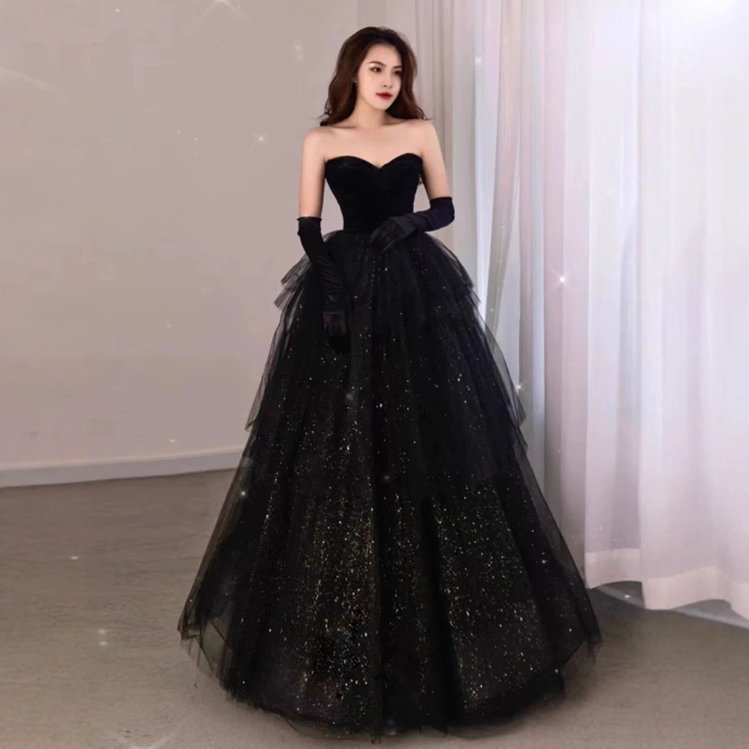 ノースリーブ 黒 ベロア ふわふわ パーティードレス プリンセス パーティー 誕生日 演奏会 二次会 前撮り HL469
