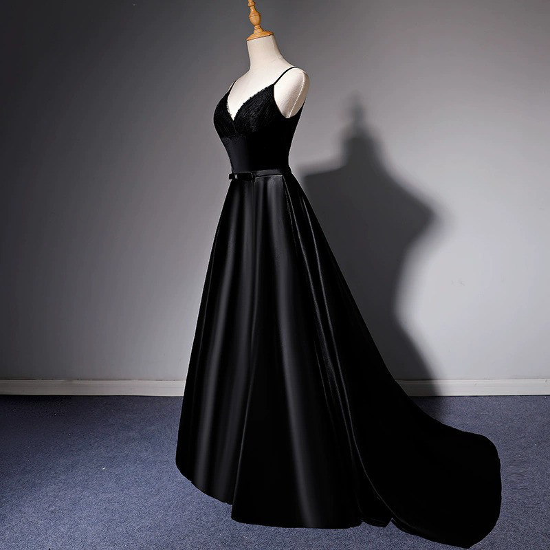 ノースリーブ 黒 Vネック パーティードレス 裾引き 高級感 パーティー 誕生日 演奏会 二次会 前撮り HL470