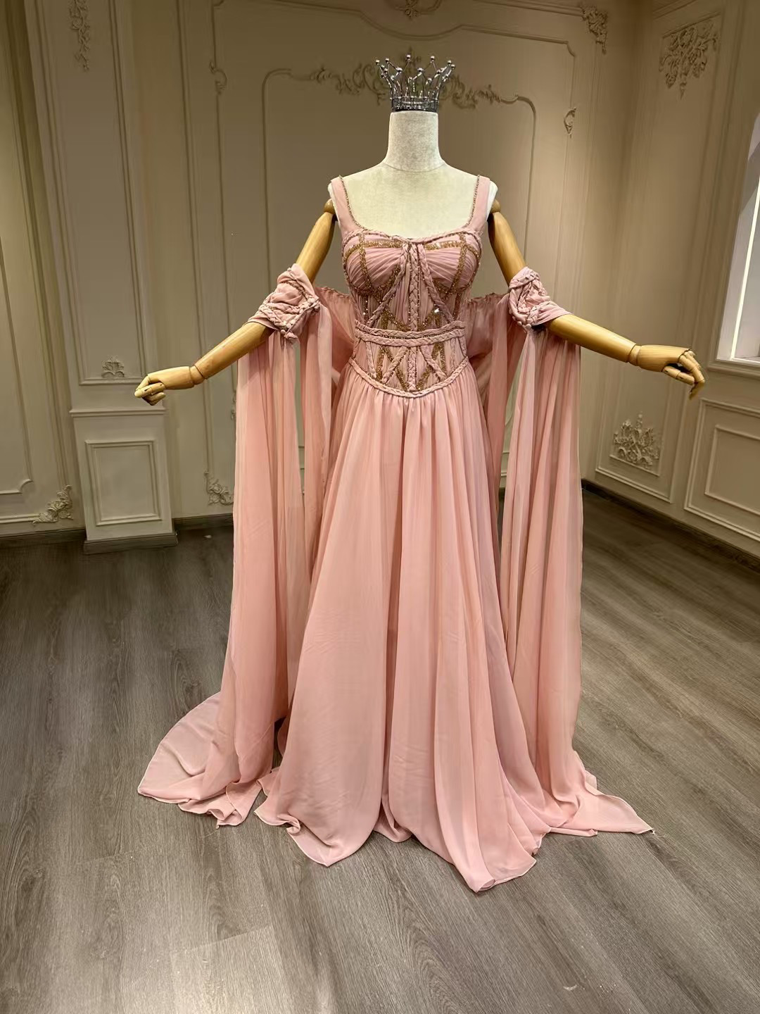 素材感を際立つ　新作　パーティードレス　スクエアネック　くすみピンク　衣装ステージ　可愛い　優雅　お色直し　コンテスト