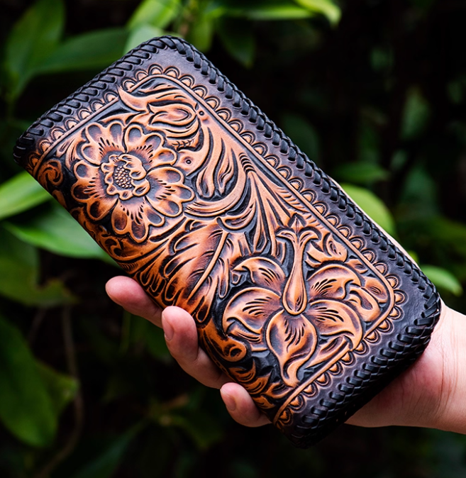 手作りの革彫刻バッグ　財布　男性と女性用の長い牛革長財布