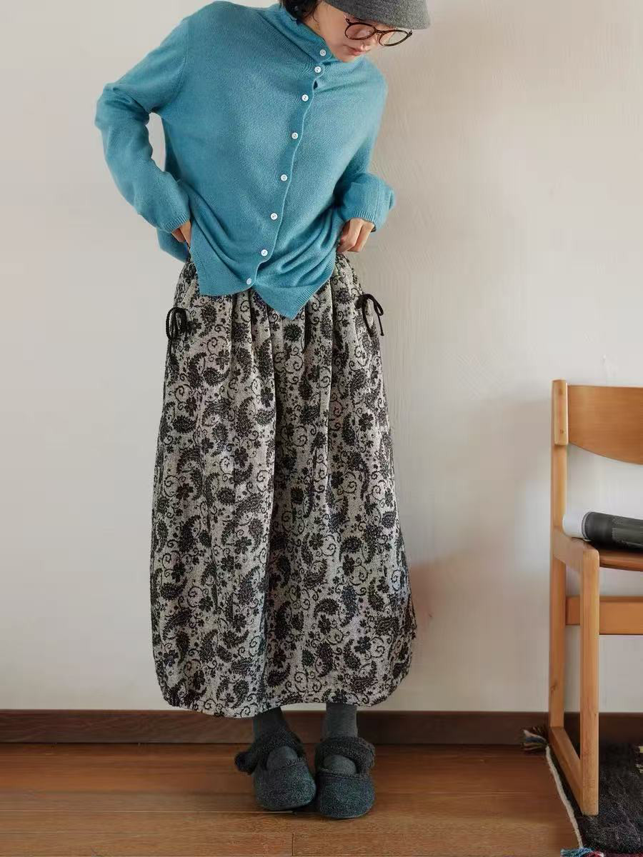 コットン混ロングスカート　フレアスカート　レトロ感溢れ　ジャカードスカート