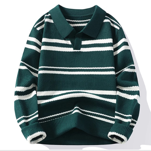 秋冬メンズシャツ襟ニットカレッジ風厚手開襟ゆったりストライプ