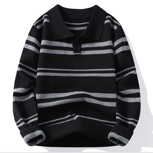 秋冬メンズシャツ襟ニットカレッジ風厚手開襟ゆったりストライプ