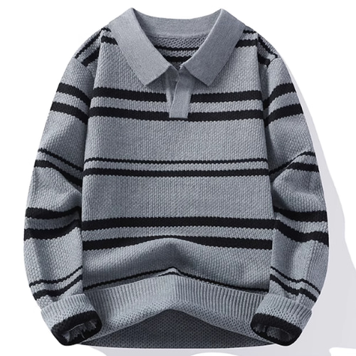 秋冬メンズシャツ襟ニットカレッジ風厚手開襟ゆったりストライプ