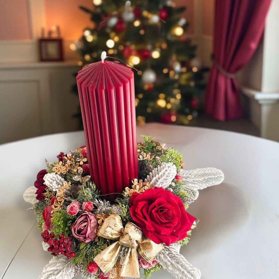 レッドローズのキャンドルフラワーアレンジ｜アロマキャンドル付き・クリスマス 造花