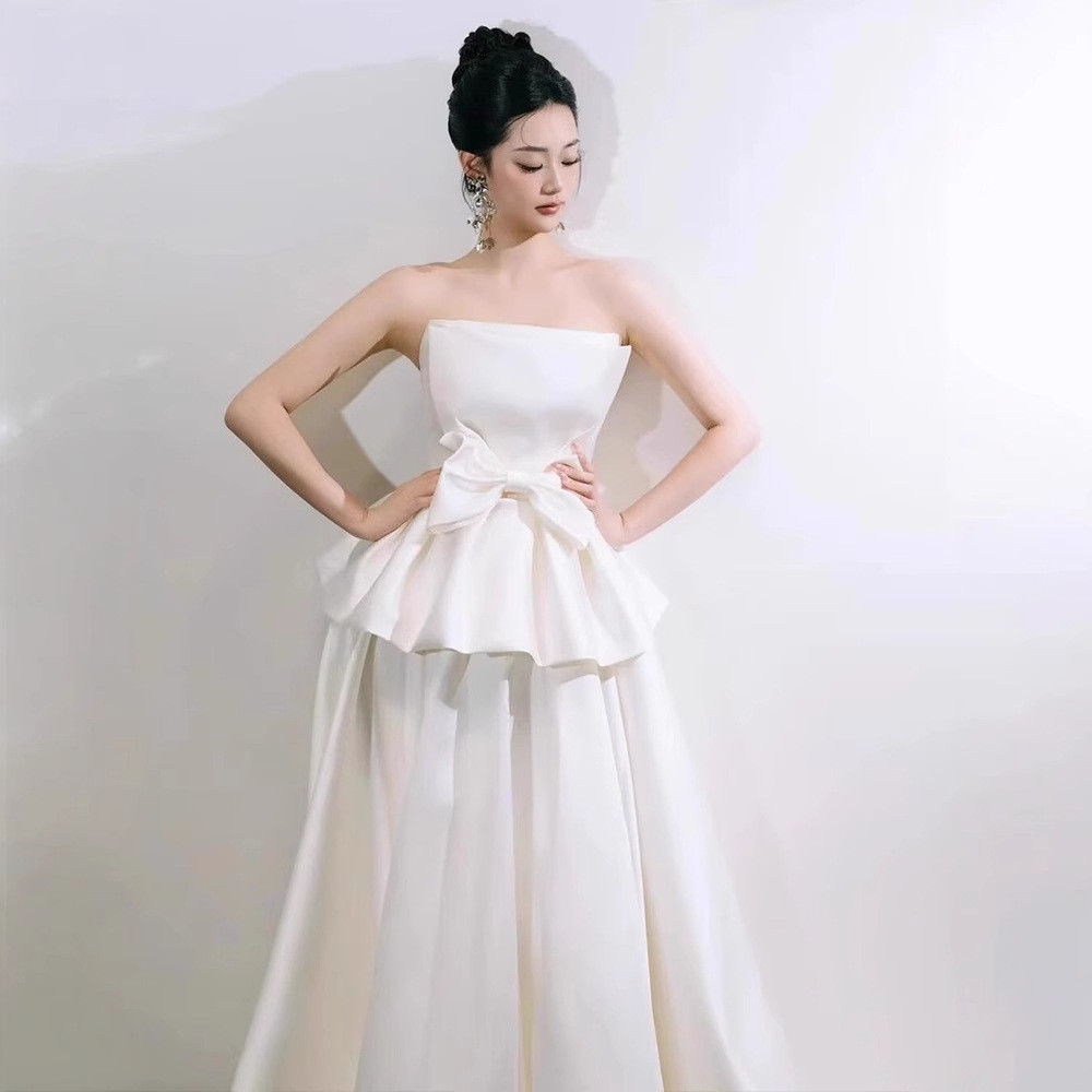 シンプル 白黒 サテン リボン ウェディングドレス 高級感 花嫁 誕生日 パーティー 演奏会 二次会 前撮り HL480