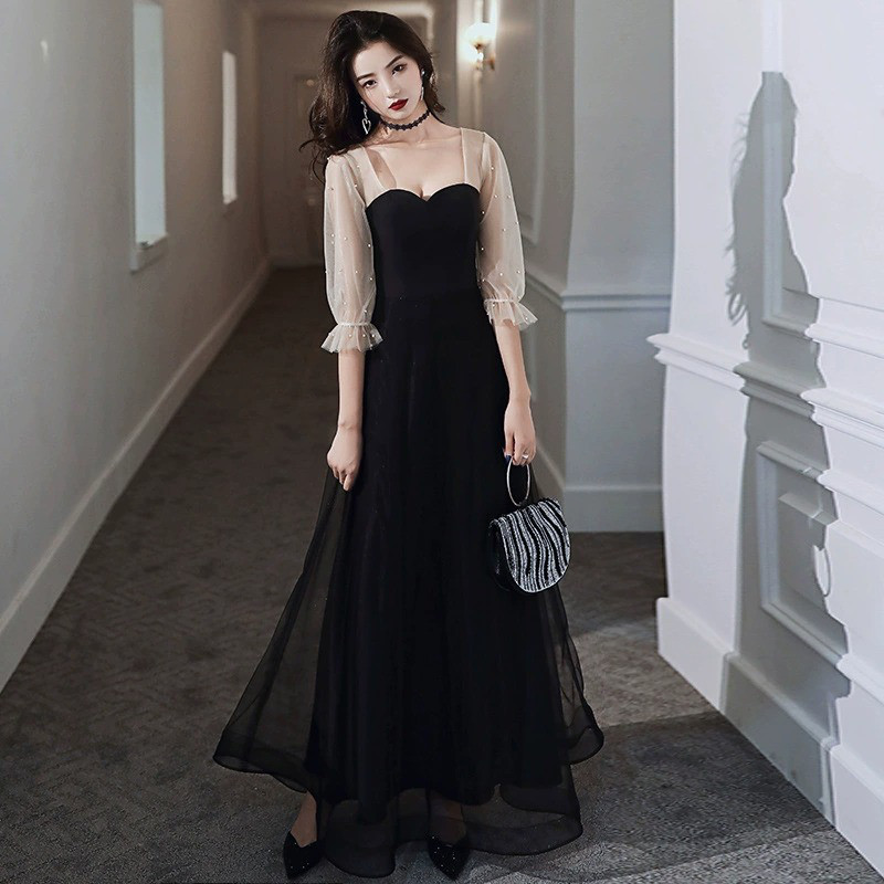 長袖 黒 シンプル パーティードレス 韓国風 高級感 誕生日 パーティー 演奏会 二次会 前撮り HL481