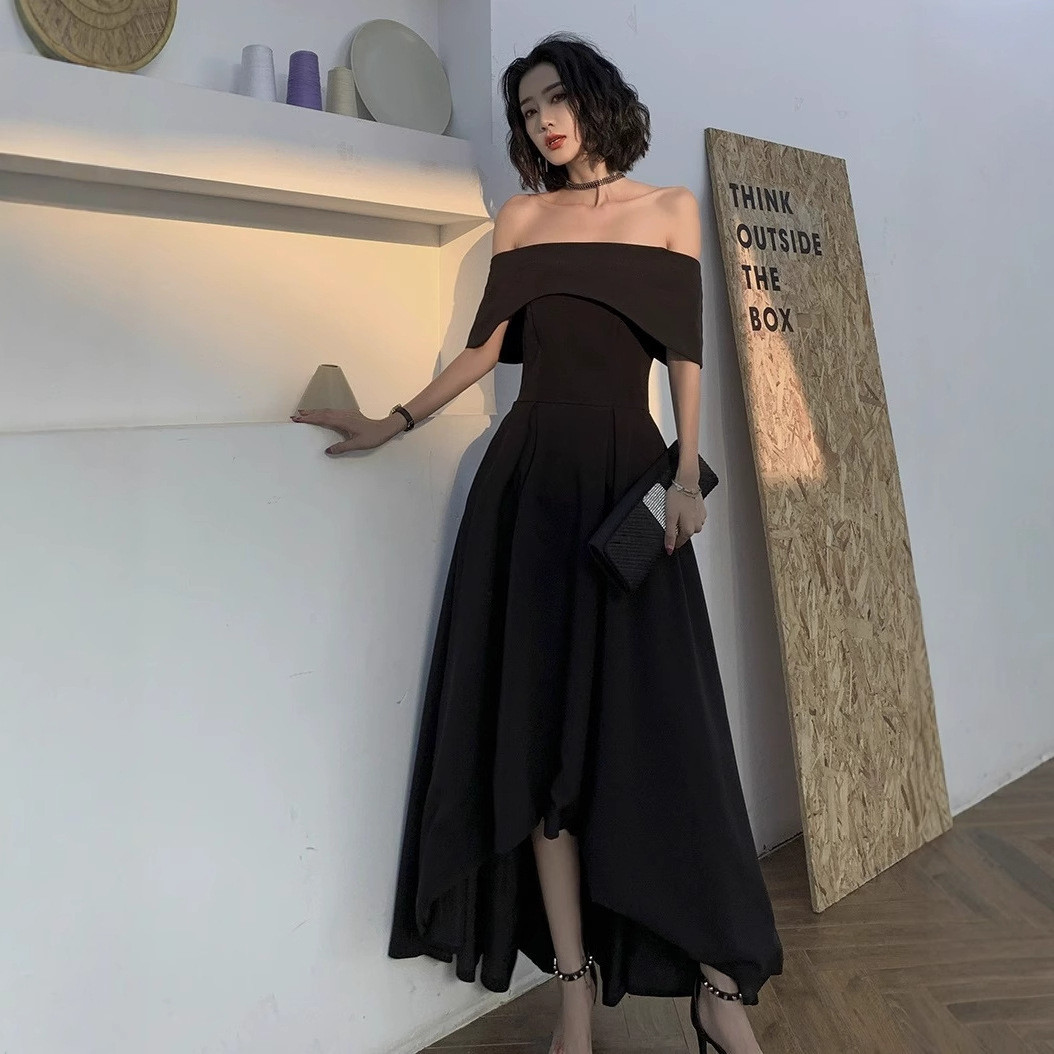 オフショルダー 黒 シンプル パーティードレス 韓国風 誕生日 パーティー 演奏会 二次会 前撮り HL484