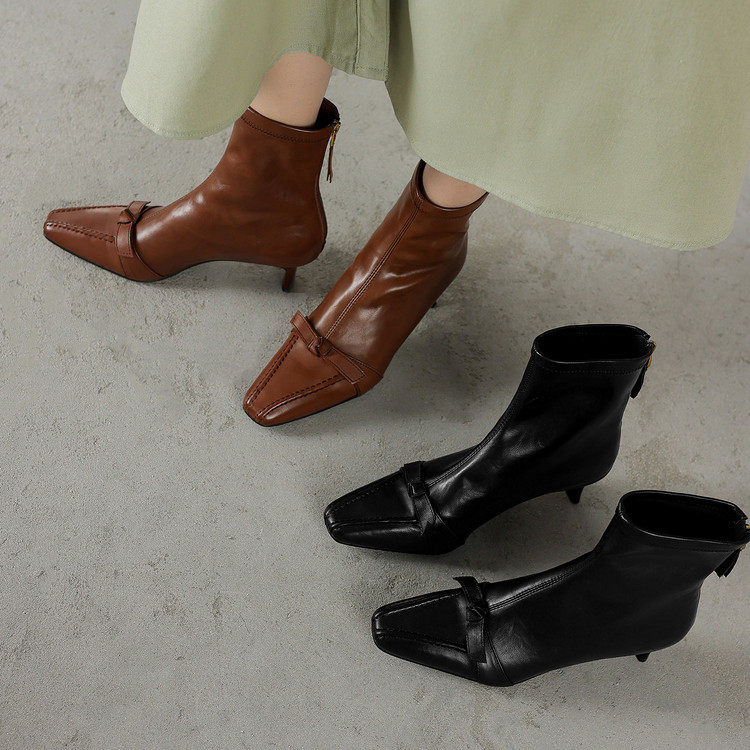 25秋冬フレンチレトロなリボンブーツブロックヒールで安定感抜群スクエアトゥがおしゃれで脚長効果も22-25cm#1268