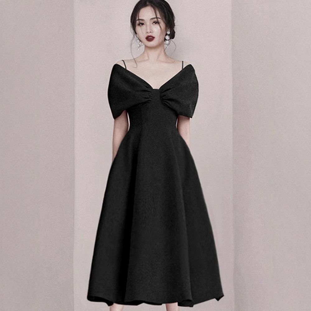 高級感 黒 赤 Vネック パーティードレス シンプル 韓国風 誕生日 パーティー 演奏会 二次会 前撮り HL488