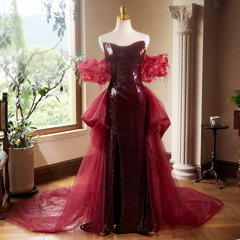 高級感 ボルドー スパンコール キラキラ マーメイドドレス 裾引き 花嫁 演奏会 二次会 前撮り 披露宴 08877