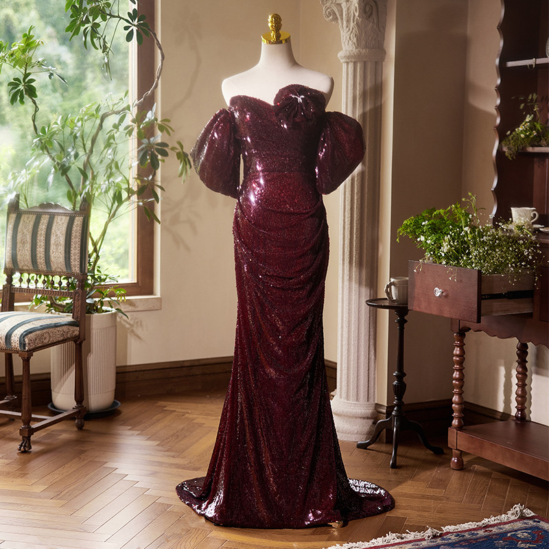 高級感 ボルドー スパンコール キラキラ マーメイドドレス 花嫁 演奏会 二次会 前撮り 披露宴 08875