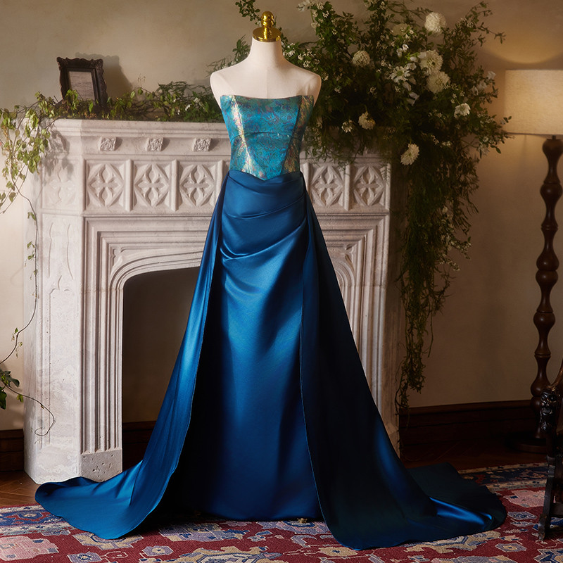 綺麗 青 ノースリーブ パーティードレス 裾引き 花嫁 結婚式 誕生日 演奏会 二次会 前撮り 披露宴 08871