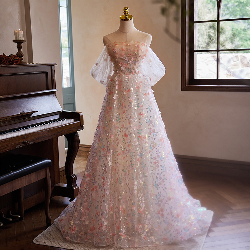 綺麗 ピンク オフショルダー 花 パーティードレス 花嫁 結婚式 誕生日 演奏会 二次会 前撮り 披露宴 08873