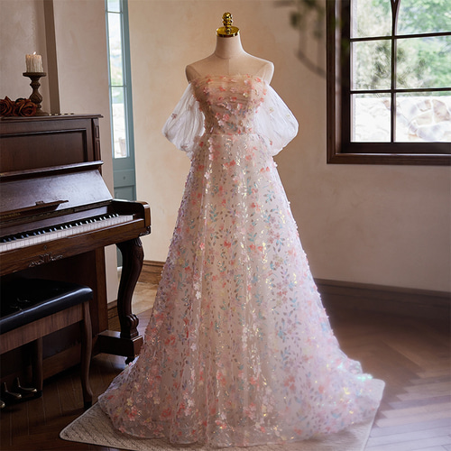 綺麗 ピンク オフショルダー 花 パーティードレス 花嫁 結婚式 誕生日
