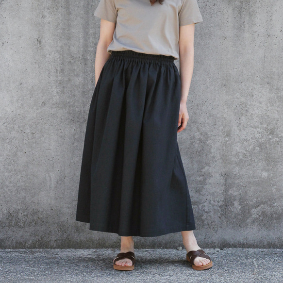 麻100％ スラブリネンクロス ギャザースカート（ブラック・黒）他7色