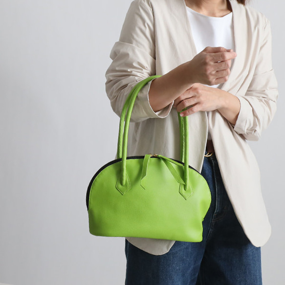 新作　上質シュリンク　PUレザー　ラウンド　トートバッグ　ハンド　鞄　肩掛け　グリーン　P94D 1枚目の画像