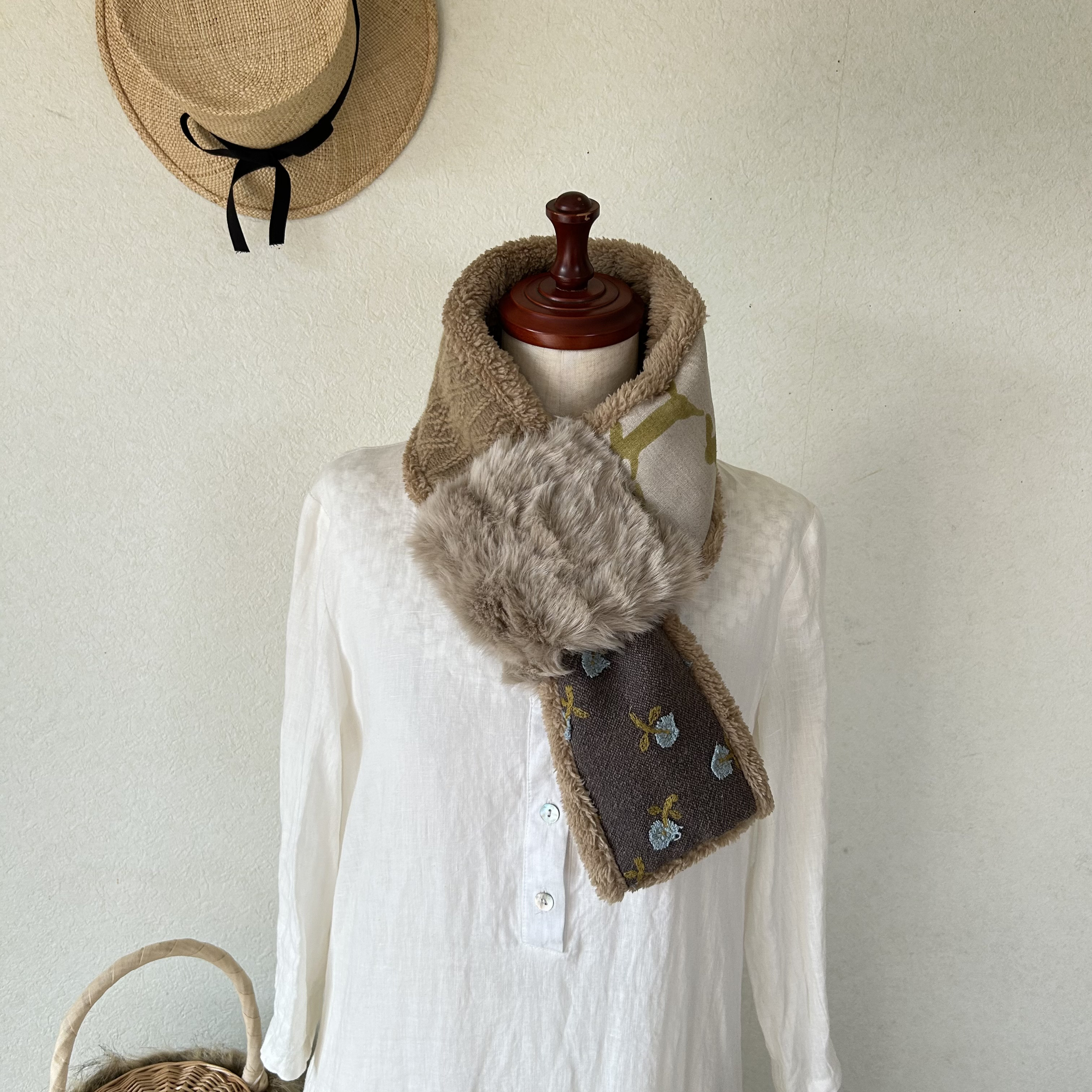 即発送⭐️ファーリングのプチマフラー⭐️キャメル⭐うさぎ⭐ミナペルホネンファブリック⭐️受注製作