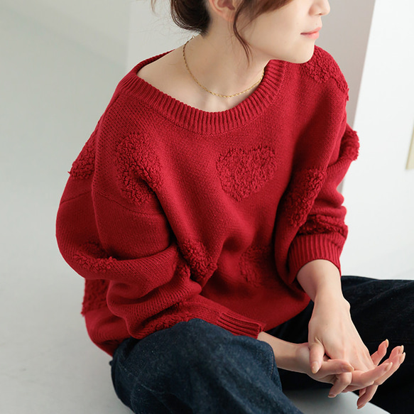 AW新作】年齢を重ねた今こそ着てみて！ハート柄ニット シンプル クルー