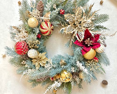 クリスマスリース 直径約50cm 大きめ 造花 ポインセチアリース 華やか