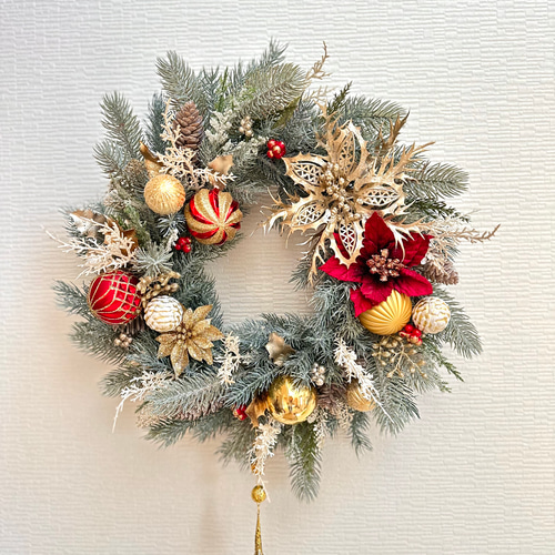 クリスマスリース 直径約50cm 大きめ 造花 ポインセチアリース 華やか