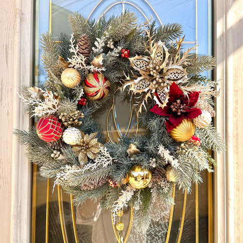 クリスマスリース 直径約50cm 大きめ 造花 ポインセチアリース 華やか