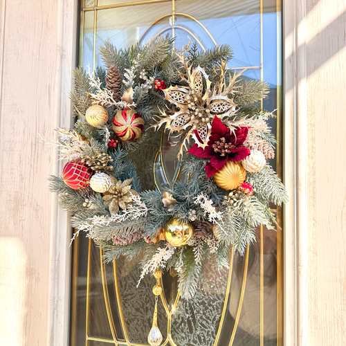 クリスマスリース 直径約50cm 大きめ 造花 ポインセチアリース 華やか