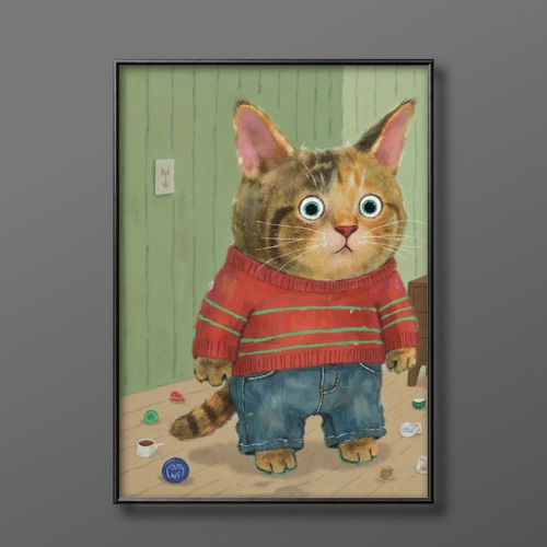 絵画 | イラストポスター 809 ☆ 【セーターを着た猫ちゃん】 絵画