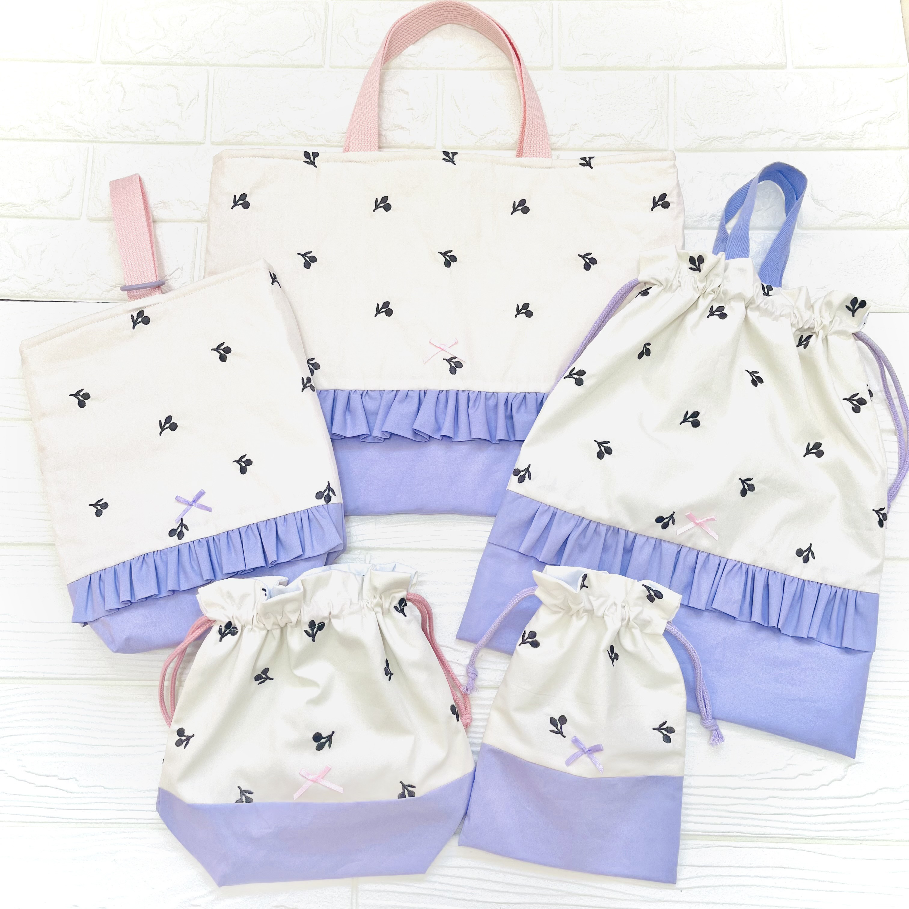 入園入学　5点セット　刺繍チェリー✖️パープル