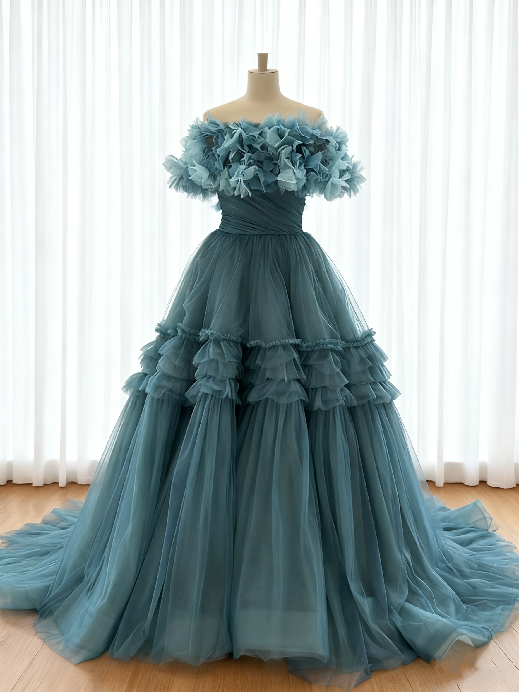 送料無料！カラードレス オフショルダー 爽やかで優しいブルー 結婚式 プリンセスライン フリルドレス ブライダル