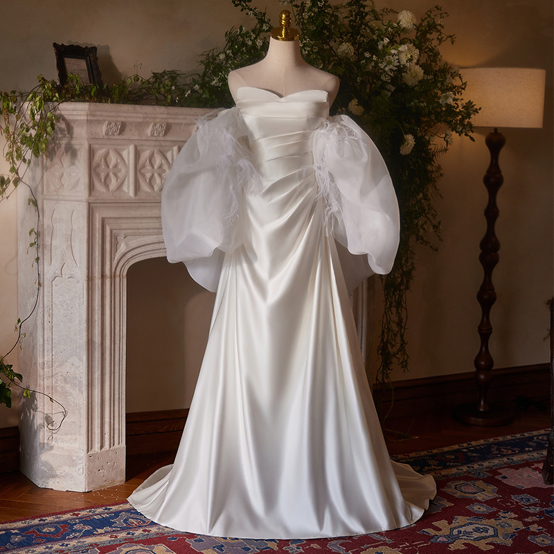 綺麗 白 サテン パーティードレス 肩飾りが付 高級感 花嫁 結婚式 誕生日 演奏会 二次会 前撮り 披露宴 08869