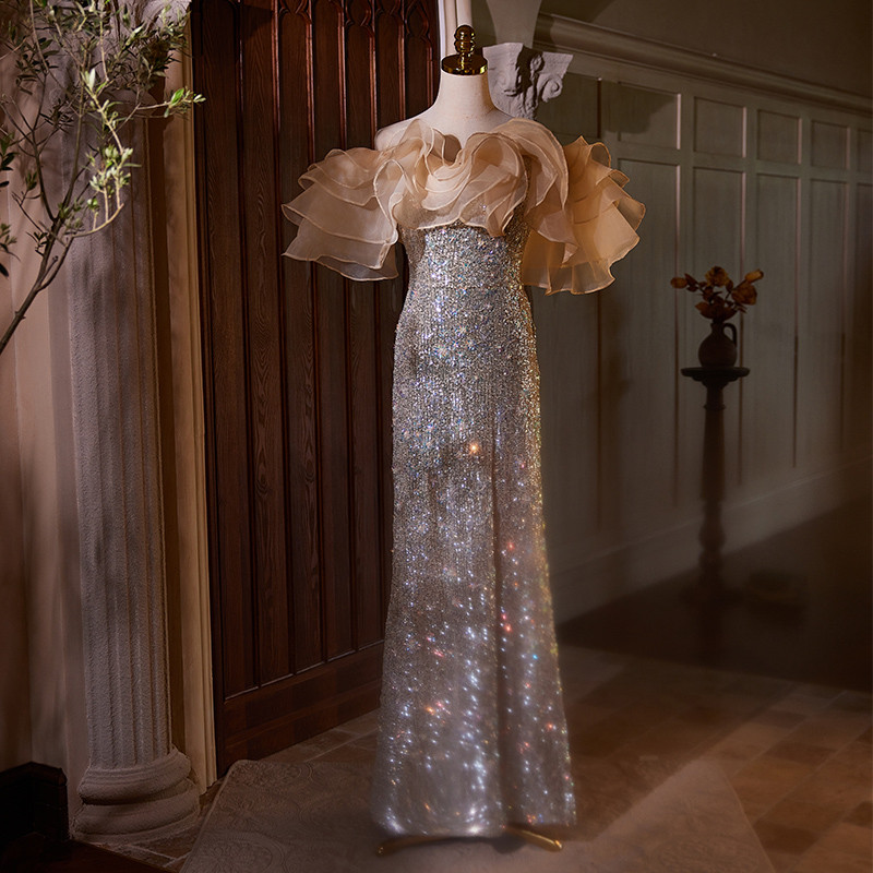 高級感 シャンパン色 オフショルダー スパンコール マーメイドドレス 演奏会 二次会 前撮り 披露宴 08868