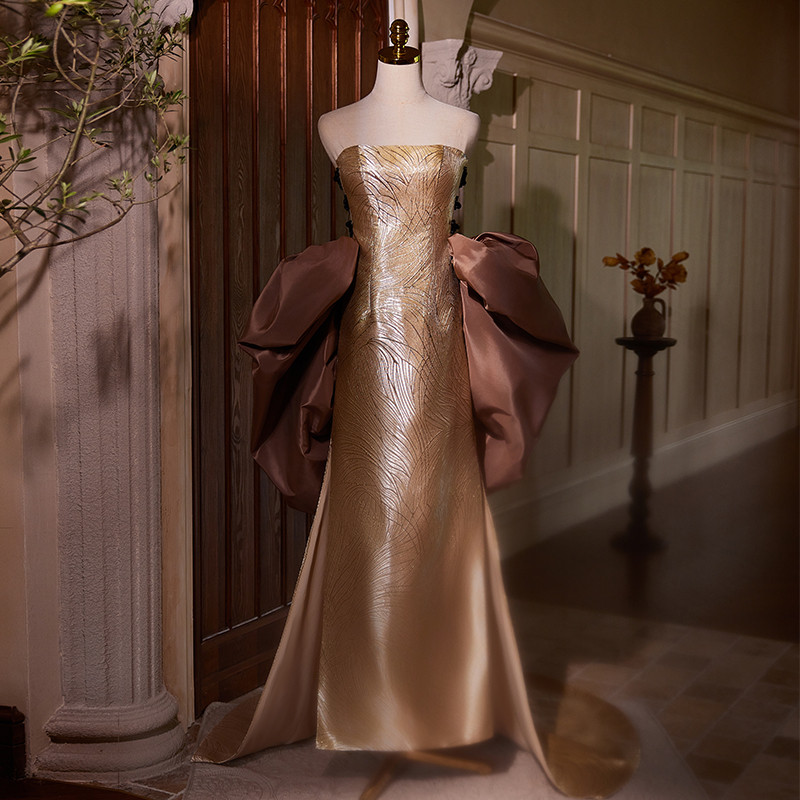 綺麗 シャンパン色 パーティードレス 肩飾りが付 高級感 花嫁 誕生日 演奏会 二次会 前撮り 披露宴 08865