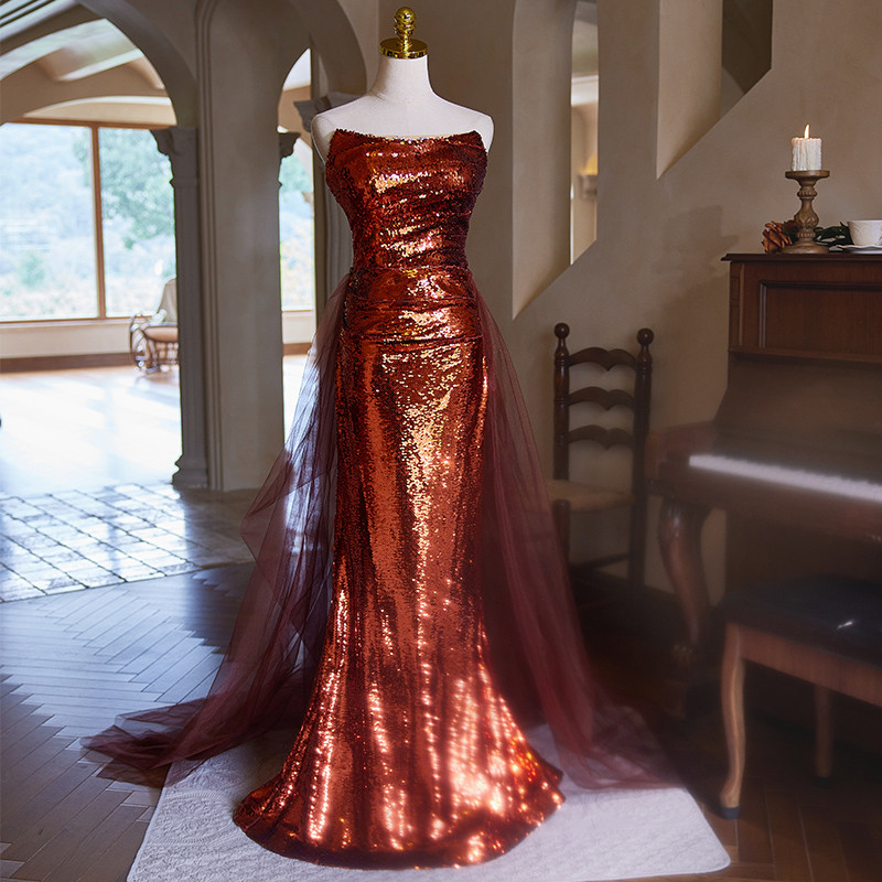 高級感 ボルドー スパンコール キラキラ マーメイドドレス 裾引き 花嫁 演奏会 二次会 前撮り 披露宴 08864