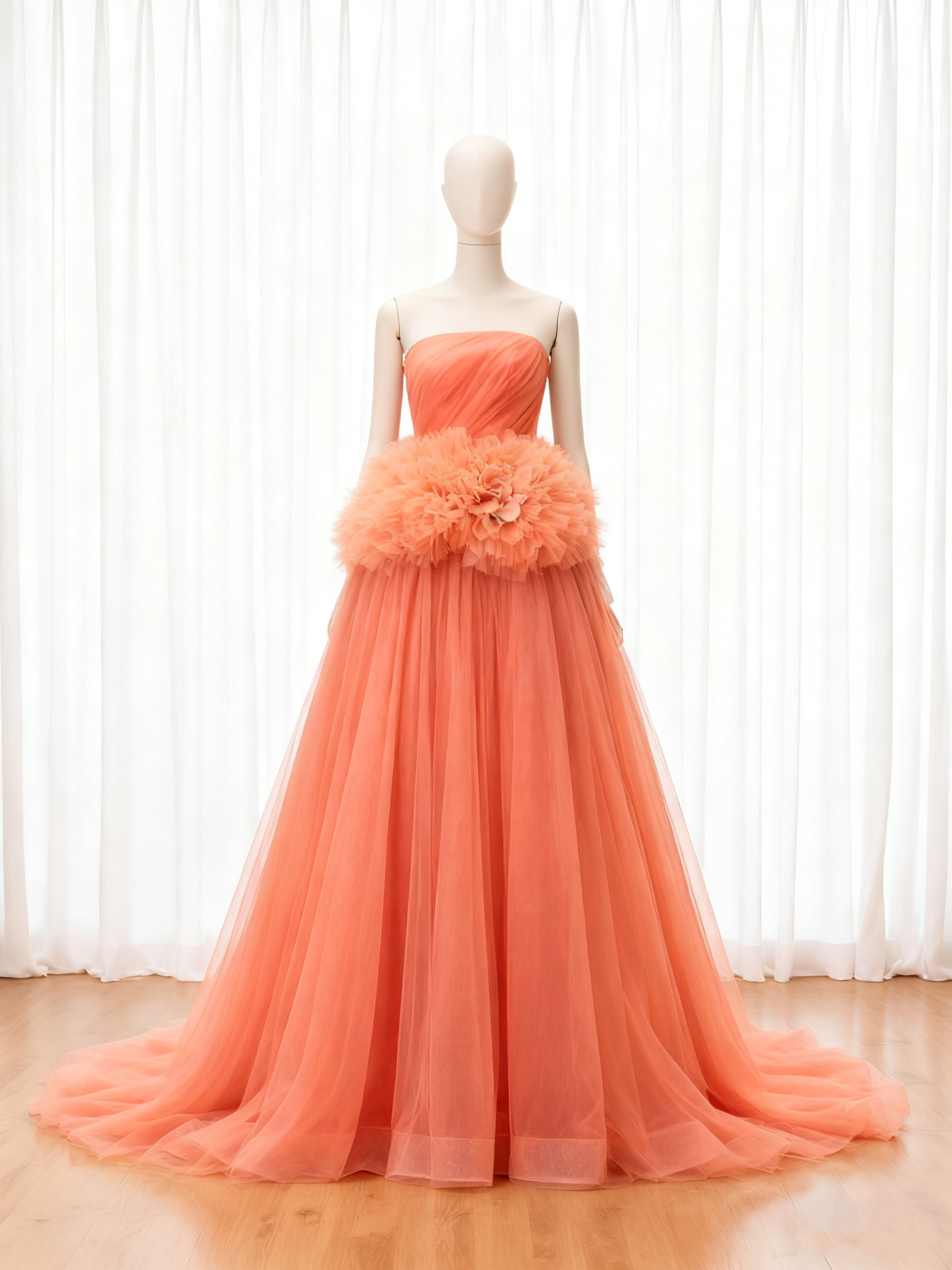 送料無料！カラードレス オレンジ ふわふわドレス  Aライン チュールドレス  ビスチェドレス ブライダル エアリー感