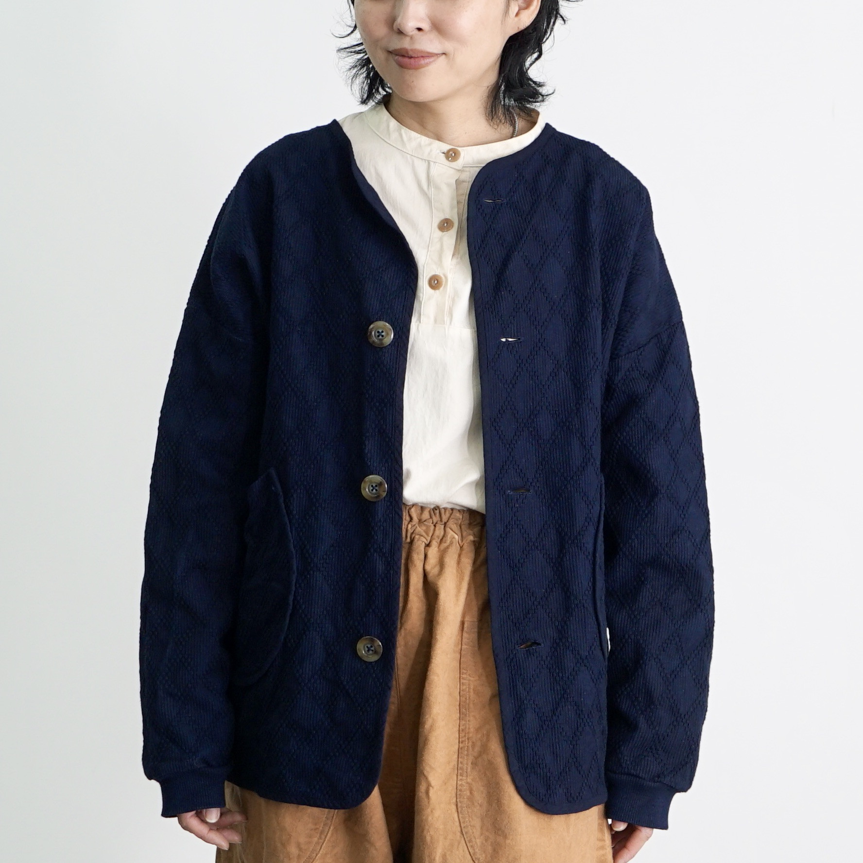 ダイヤ柄ノーカラージャケット/ネイビー/知多木綿刺し子織